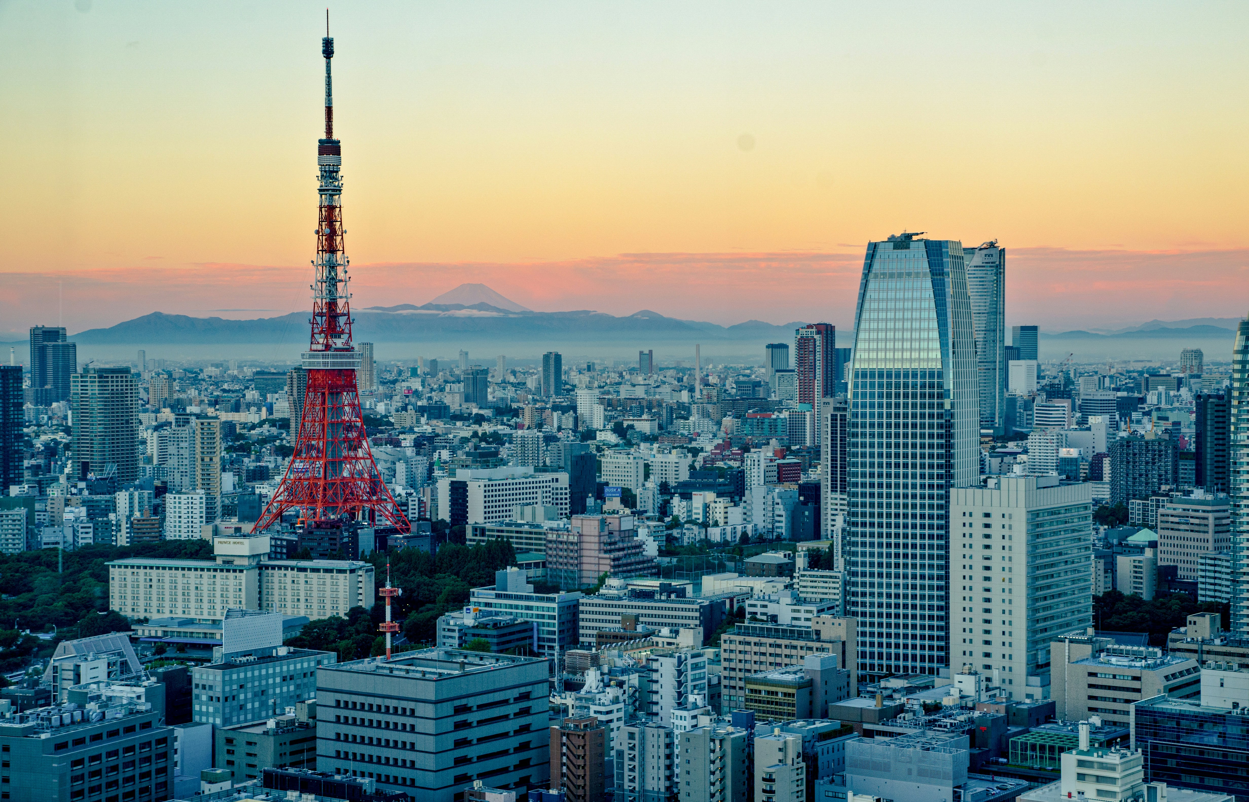 The red-and-white Tokyo Tower from a distance at sunset.